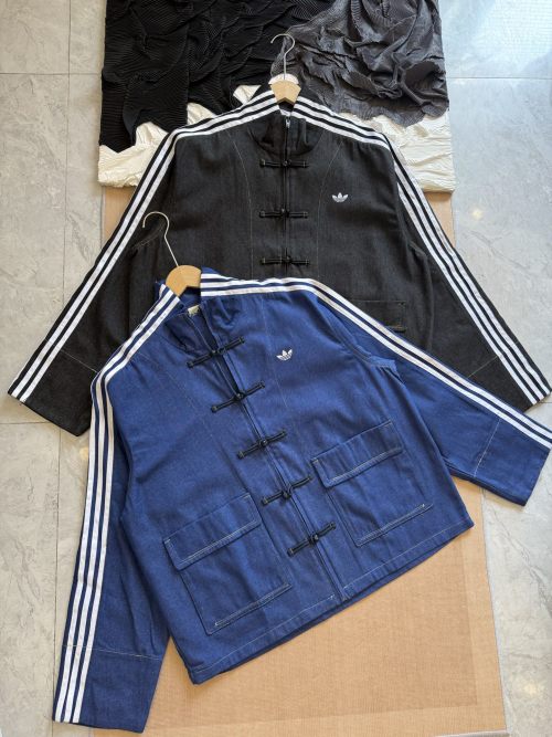 Adidas Chinese Style Denim Jacket with Frog Closures and Signature Stripes 1 Adidas Chinese Style Denim Jacket with Frog Closures and Signature Stripes