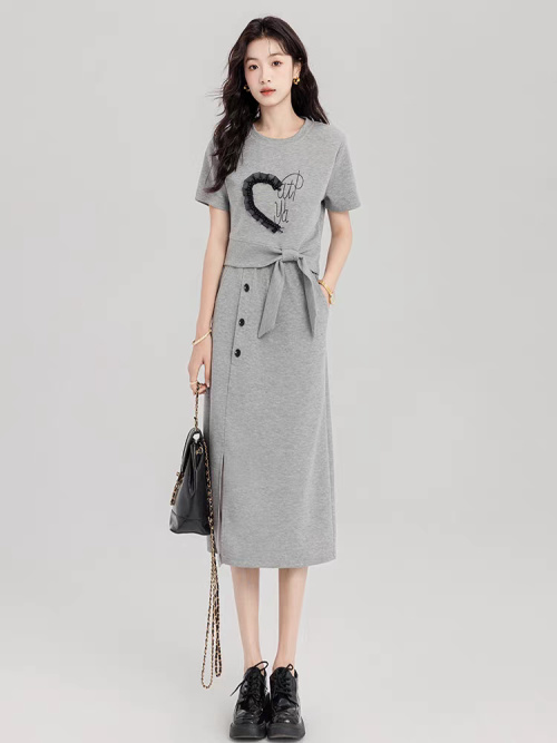 Charming Gray Two-Piece Dress Set with Heart Detail and Tie Waist 1 Charming Gray Two-Piece Dress Set with Heart Detail and Tie Waist