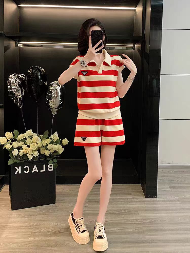 Prada Striped Polo Shirt and Shorts Set - Red/White, Summer Style 1 o 1j3lfjrpq1skd1ielj221n7v4496