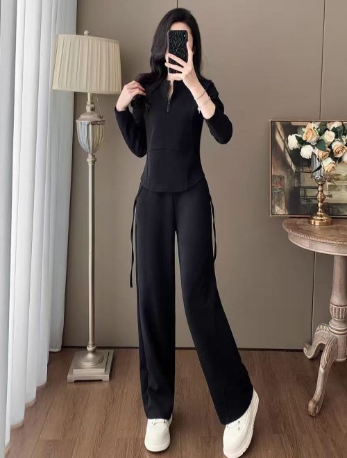 Women's Black Cotton High Neck Long Sleeve Pullover Sweatshirt Tracksuit Set 1 Women's Black Cotton High Neck Long Sleeve Pullover Sweatshirt Tracksuit Set