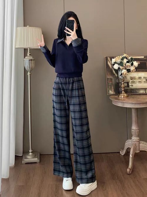 Women's Plaid Two-Piece Outfit, Long Sleeve Top and Wide Leg Pants Set 1 Women's Plaid Two-Piece Outfit, Long Sleeve Top and Wide Leg Pants Set