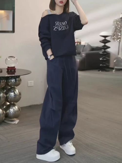 Women's Off-Shoulder Sweatshirt and Straight-Leg Pants Set in Navy Blue 1 Women's Off-Shoulder Sweatshirt and Straight-Leg Pants Set in Navy Blue