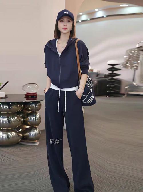 Women's Cotton Zip-Up Hoodie and Straight Leg Pants Set - Navy Blue 1 Women's Cotton Zip-Up Hoodie and Straight Leg Pants Set - Navy Blue