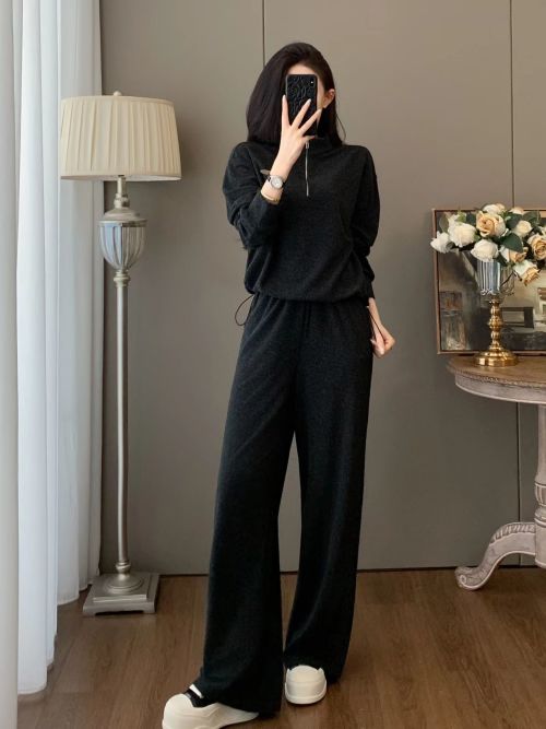 Women's 2 Piece Outfit Short Zipper Pullover Top and Wide Leg Pants Set 1 Women's 2 Piece Outfit Short Zipper Pullover Top and Wide Leg Pants Set