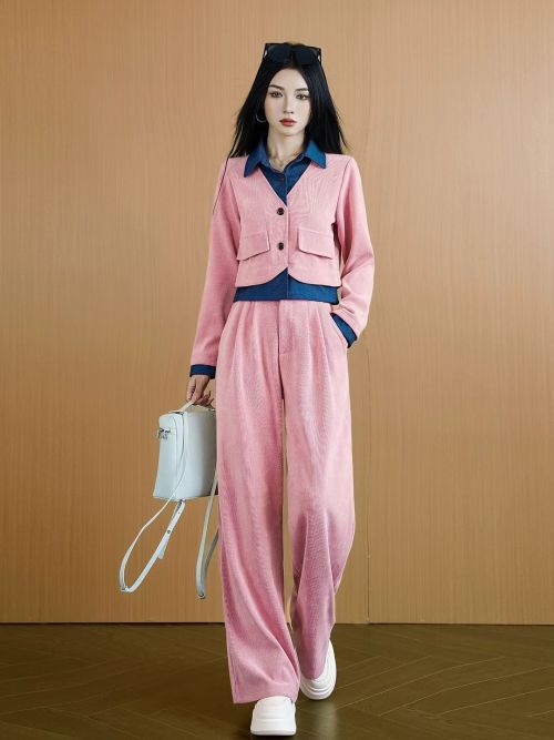 Women's Two-Piece Corduroy Suit - Long Sleeve Jacket and Wide Leg Pants Set 1 Women's Two-Piece Corduroy Suit - Long Sleeve Jacket and Wide Leg Pants Set