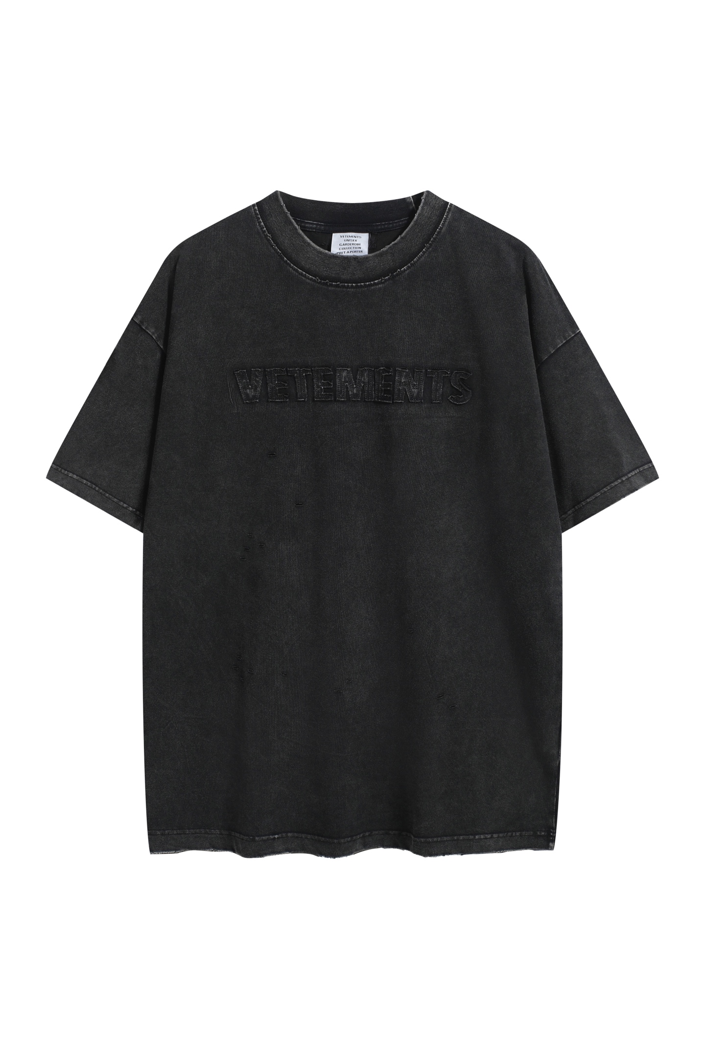 Negro, disponible de inmediato🎈 V5200# Camiseta de manga corta desgastada estilo VETEMENTS con logo de parch…