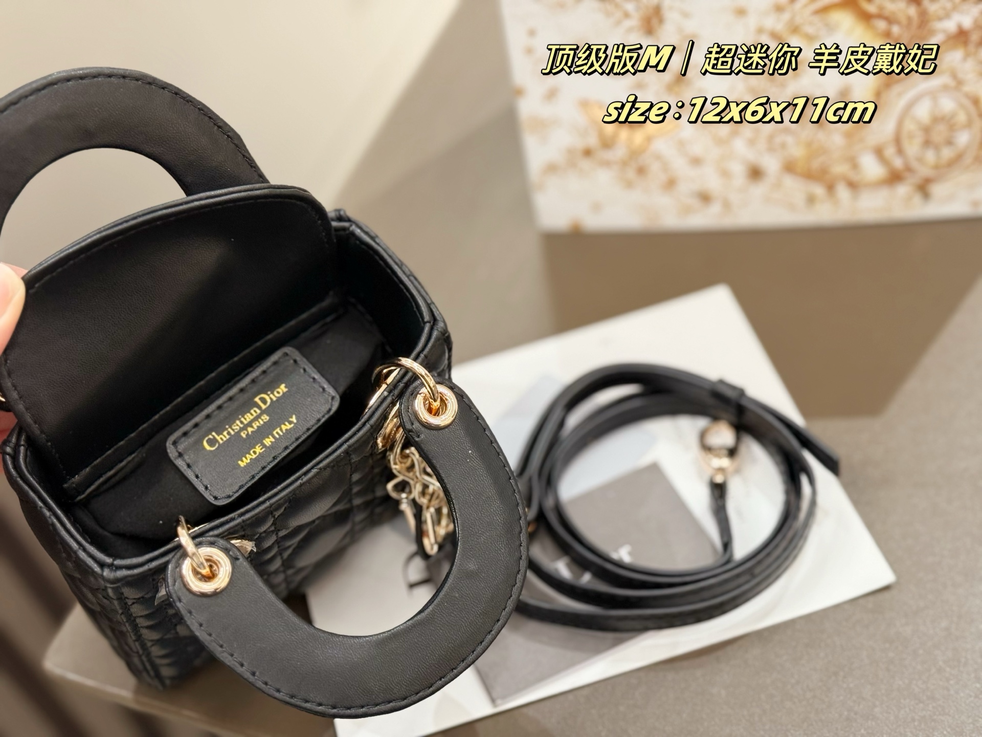 P190 超迷你戴妃

美的我沉默……迪奥你是懂女生的!
又嗲又仙小可爱dior戴妃迷你
谁懂这只戴妃小迷你简直太乖了
春夏包包的天花板
容量方面可以放下粉饼口红精致又可爱
尺寸：12x6x11cm
