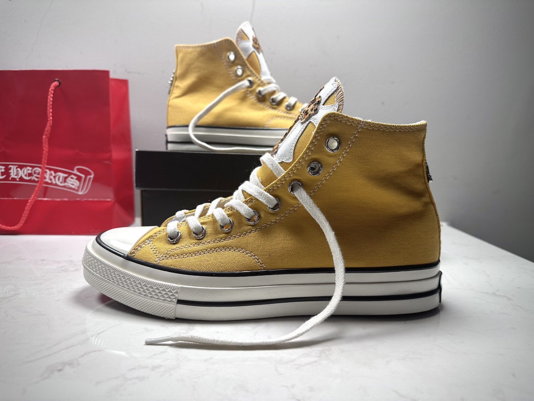Chrome Hearts x Converse 1970s Deluxe Series Multicolor Ginger Yellow Leopard Print Horsehair Cross Logo ×3 High-Top Canvas Shoes