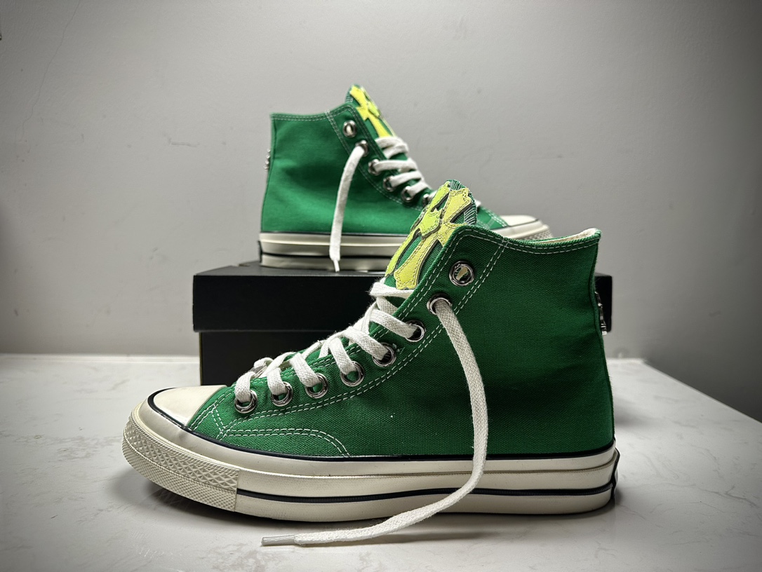 Chrome Hearts x Converse 1970s Deluxe Series Multi-Color Grass Green Leopard Green Gradient Cross Logo ×3 High-Top Canvas Shoes