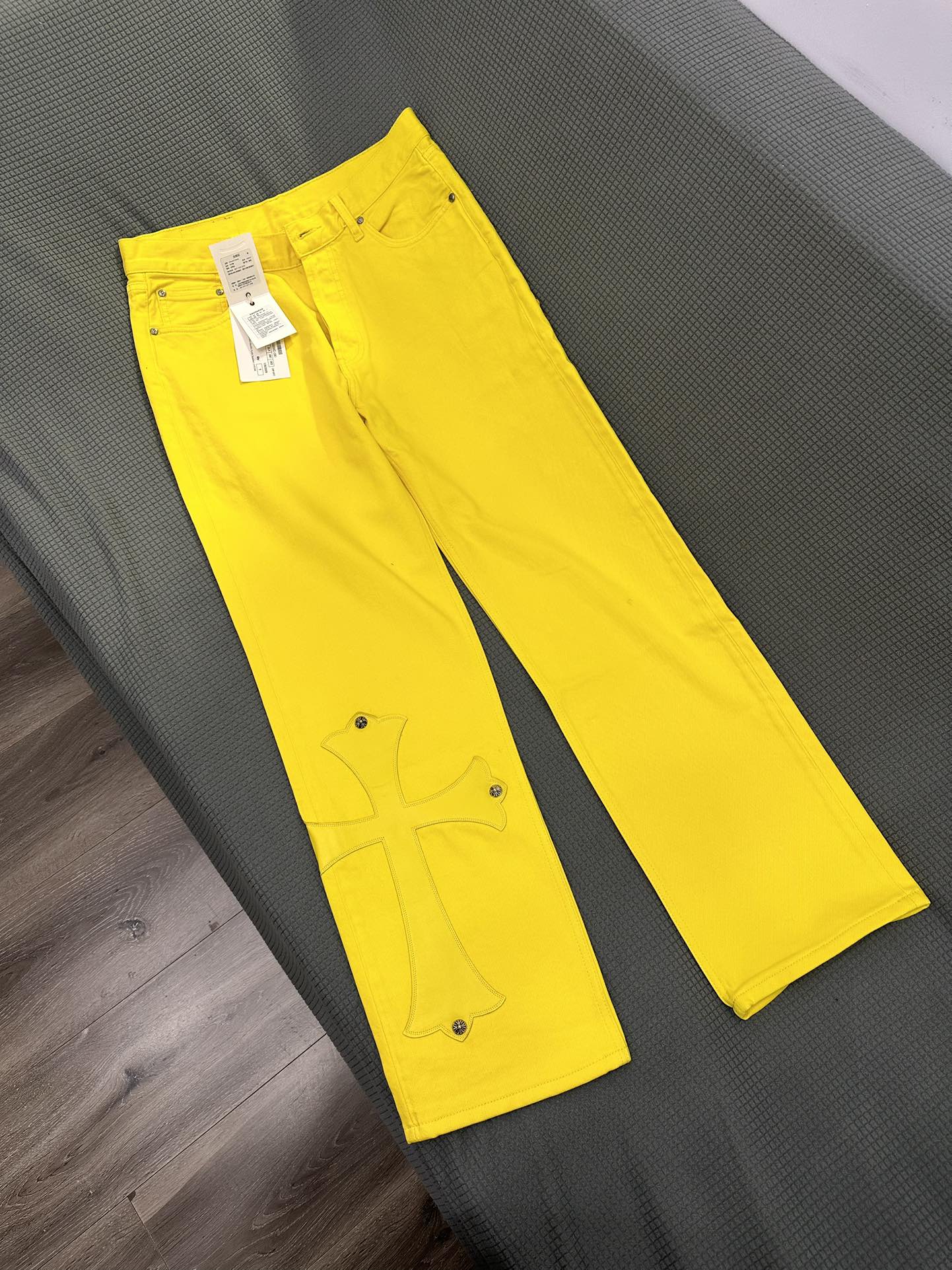 Chrome hearts Levi's Vintage custom-dyed yellow mid-rise wide straight-leg leather patch jeans