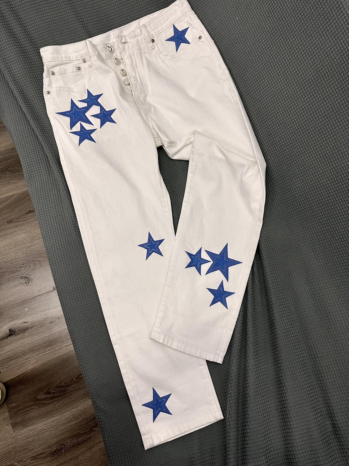 Chrome Hearts White 501 Patchwork Leather Fontaine Road Opening Limited Edition Denim Pants
