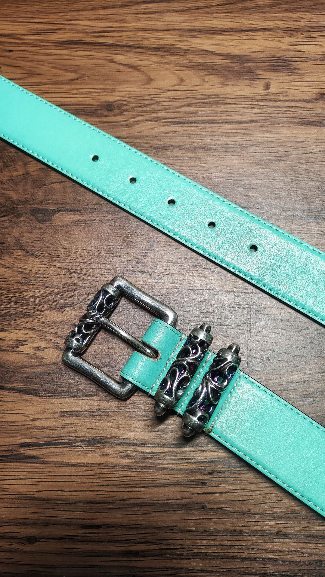 Chrome hearts 3.5cm wide Tiffany blue vine pattern three-piece set/cross white belt