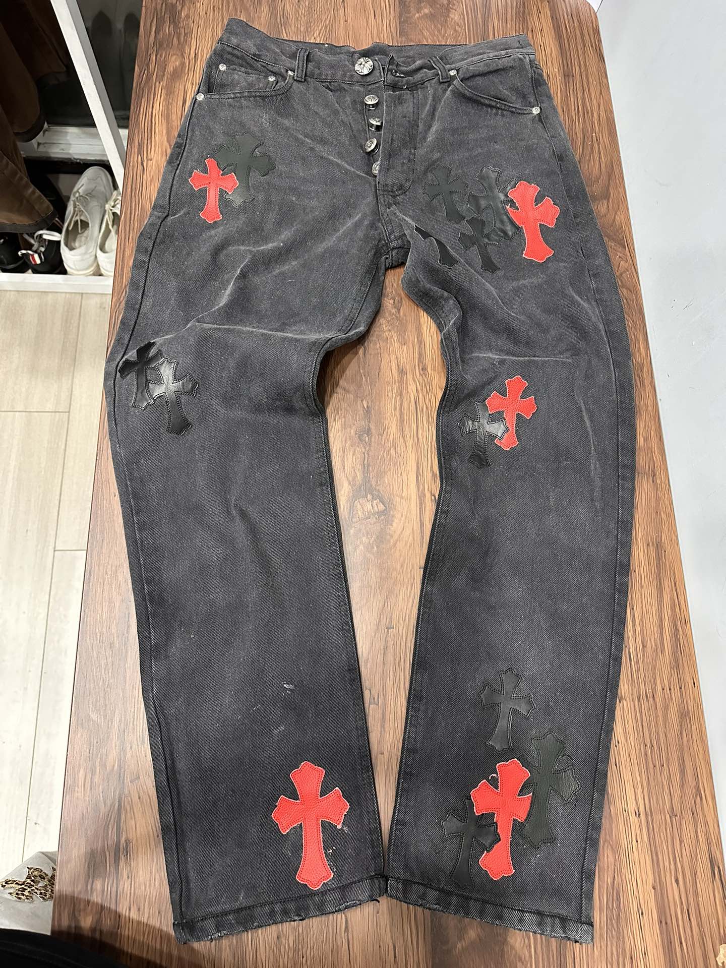 Chrome hearts gray-black 501 patchwork leather vintage straight-leg jeans