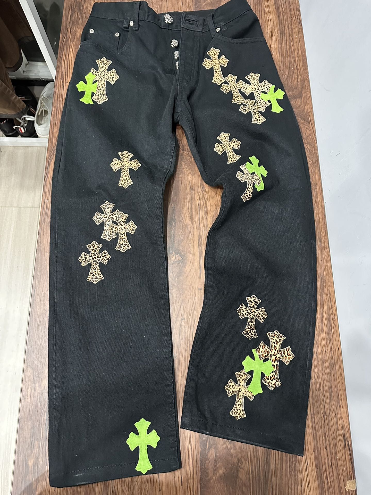 Chrome hearts black 501 patchwork leather vintage straight-leg jeans