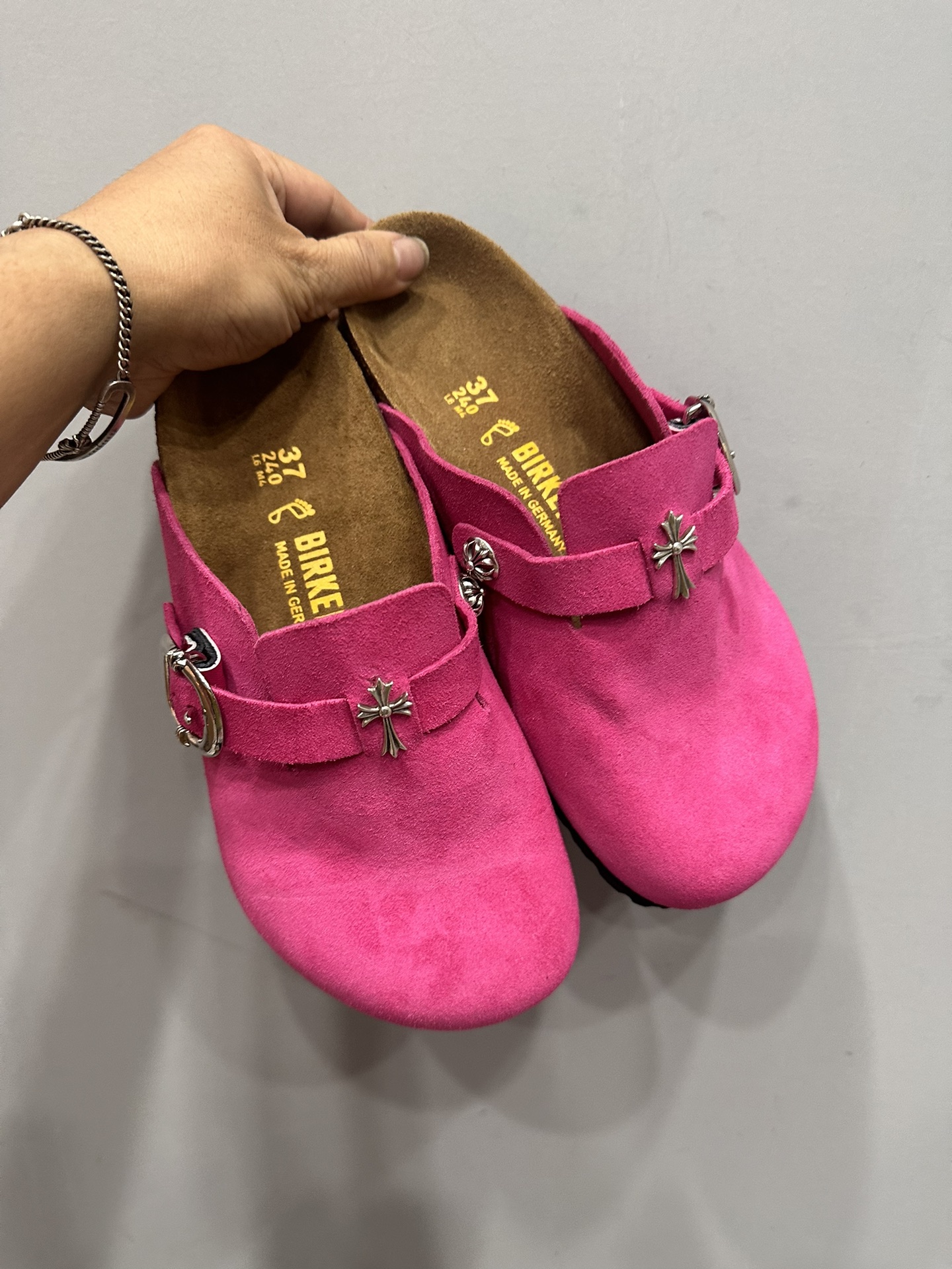 Chrome hearts old-style Boston rose pink suede half-toe slippers sandals casual shoes