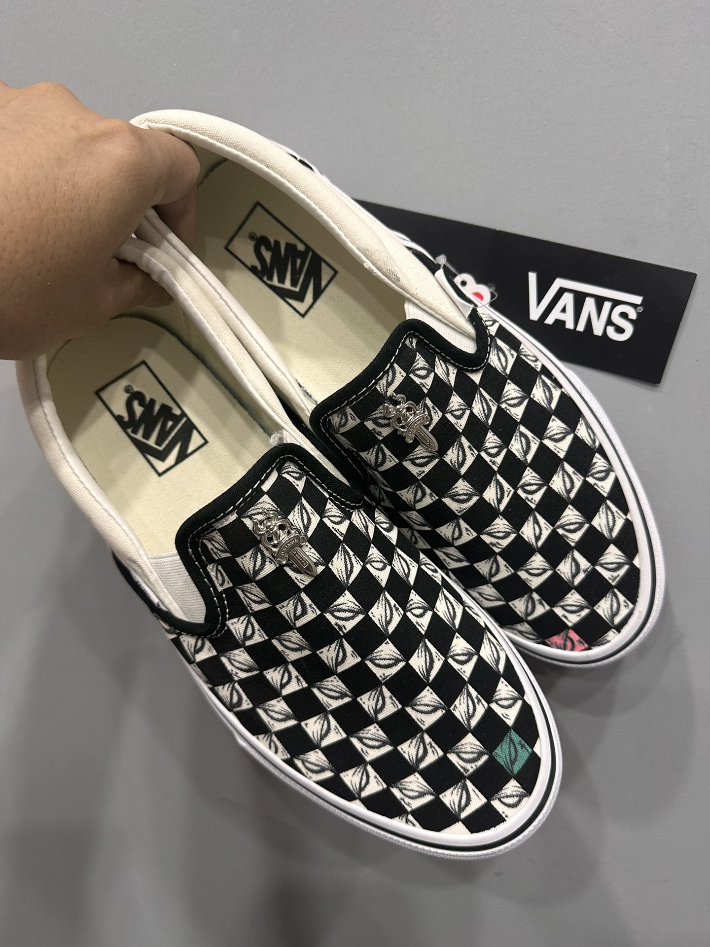 Chrome hearts x Vans x Matty Boy 925 Thousand Eyes Checkered Hand-painted Graffiti 925 Sterling Silver Platinum-plated Slip Ons Low-top Sneakers Vulcanized Shoes Casual Shoes