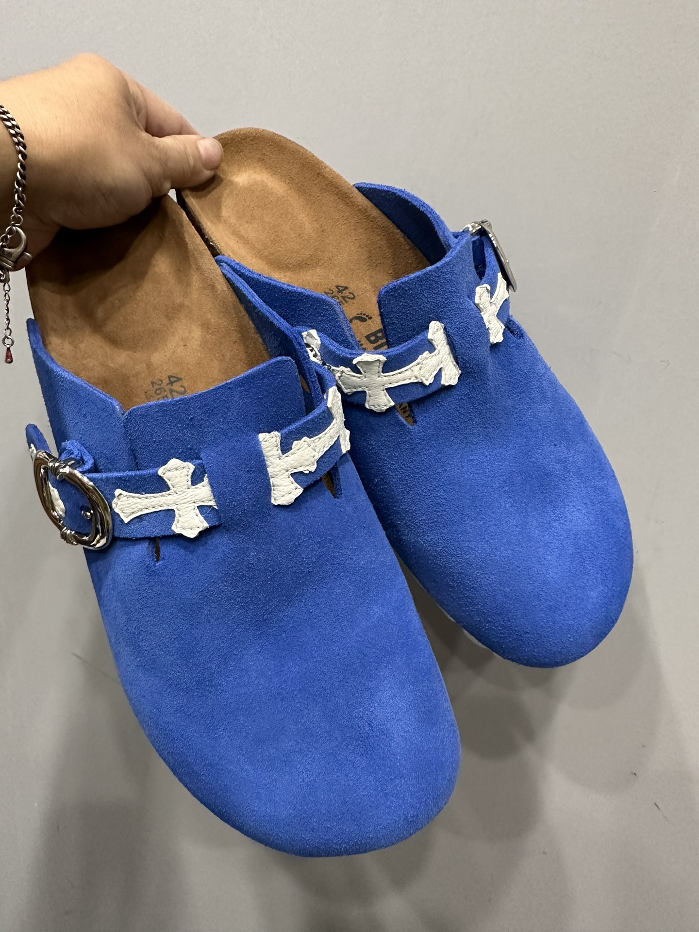 Chrome hearts x Birkenstock Klein Blue White Cross Full-Grain Suede Half-Open Toe Sandals