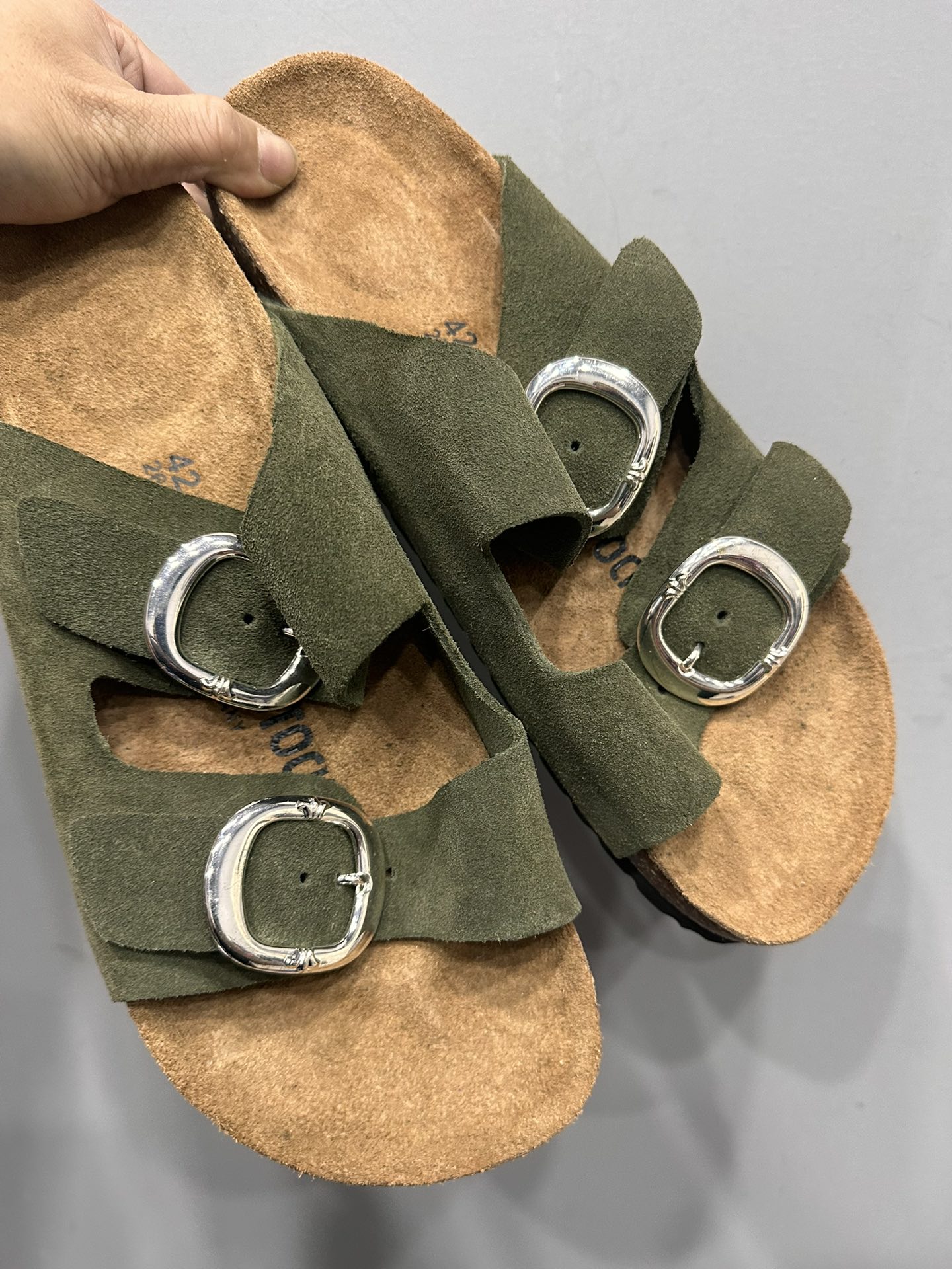 Chrome hearts x Birkenstock custom 3mm military green original top-layer suede leather double-lace sandals