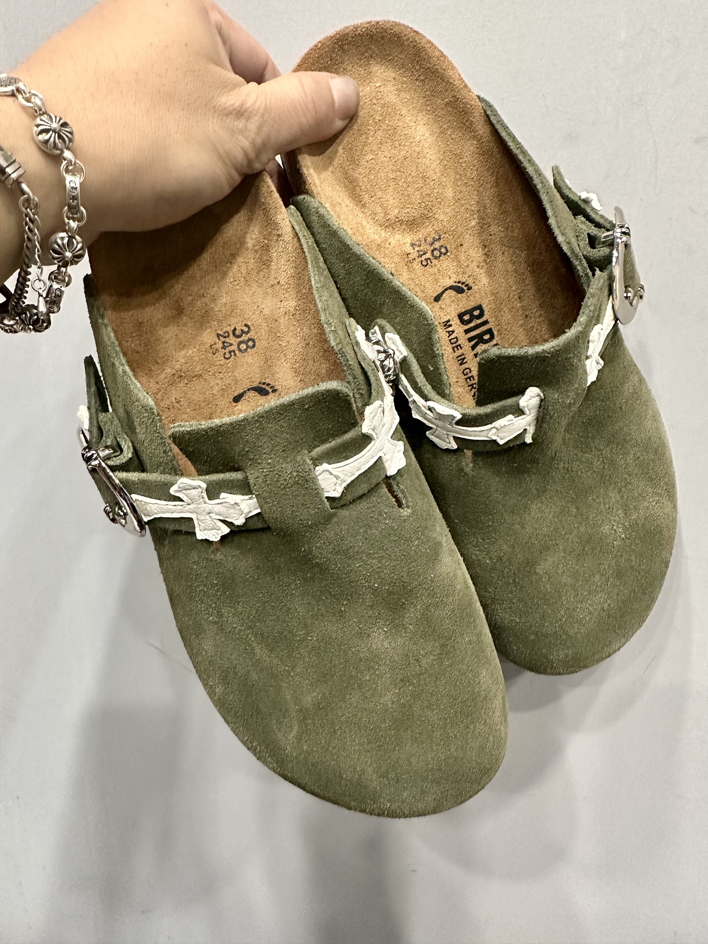 Chrome hearts x Birkenstock military green white cross premium suede half-clog sandals