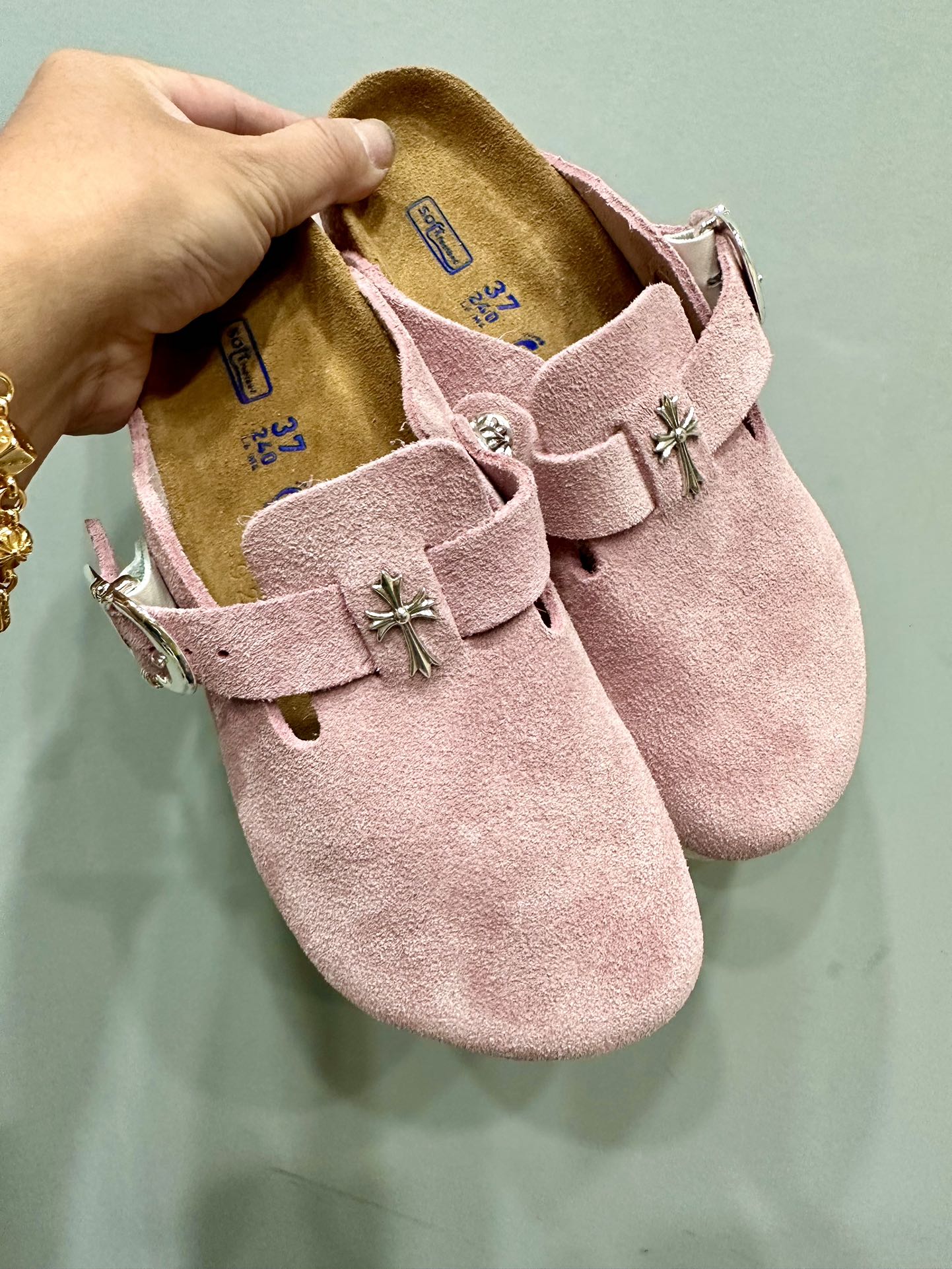 Chrome hearts x Birkenstock Light Pink Boston Series Premium Suede Leather Closed-Toe Sandals