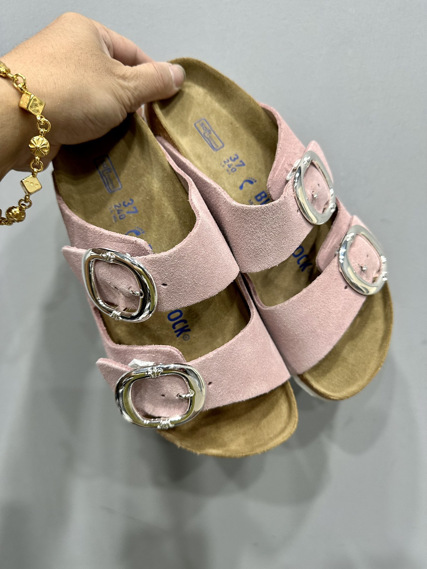 Chrome hearts x Birkenstock light pink double-strap suede leather slippers