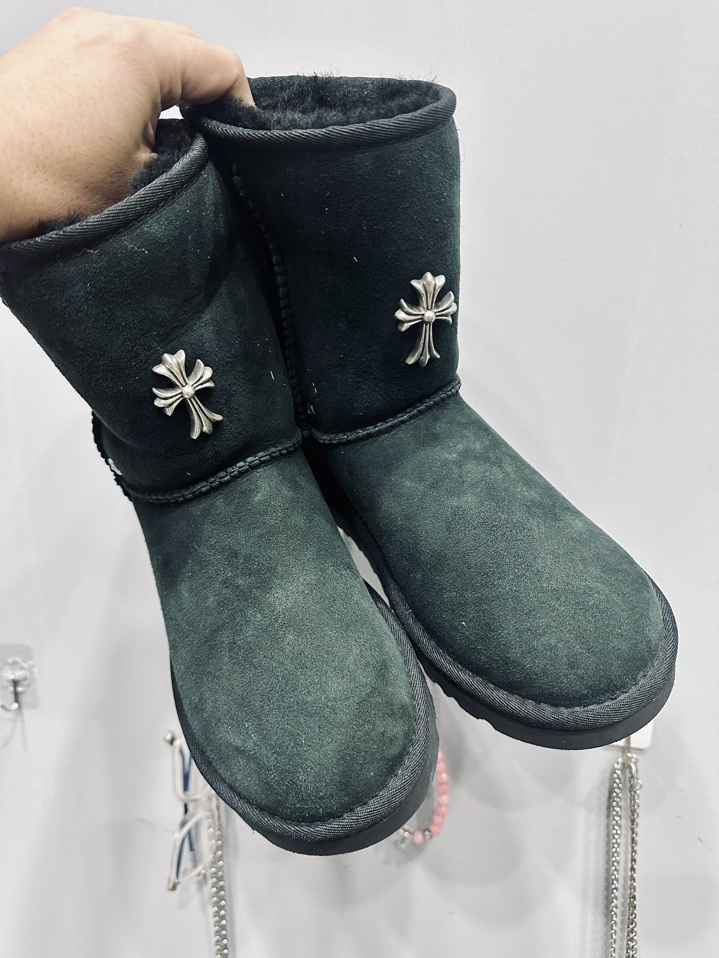 Chrome hearts x UGG 24FW black mid-calf lace-up snow boots