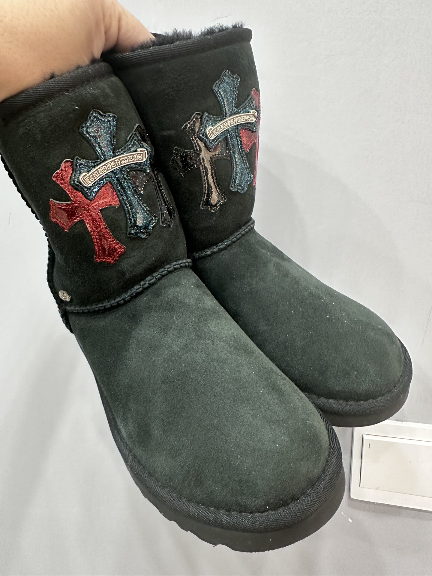 Chrome hearts x UGG black mid-calf suede and starry leather snow boots