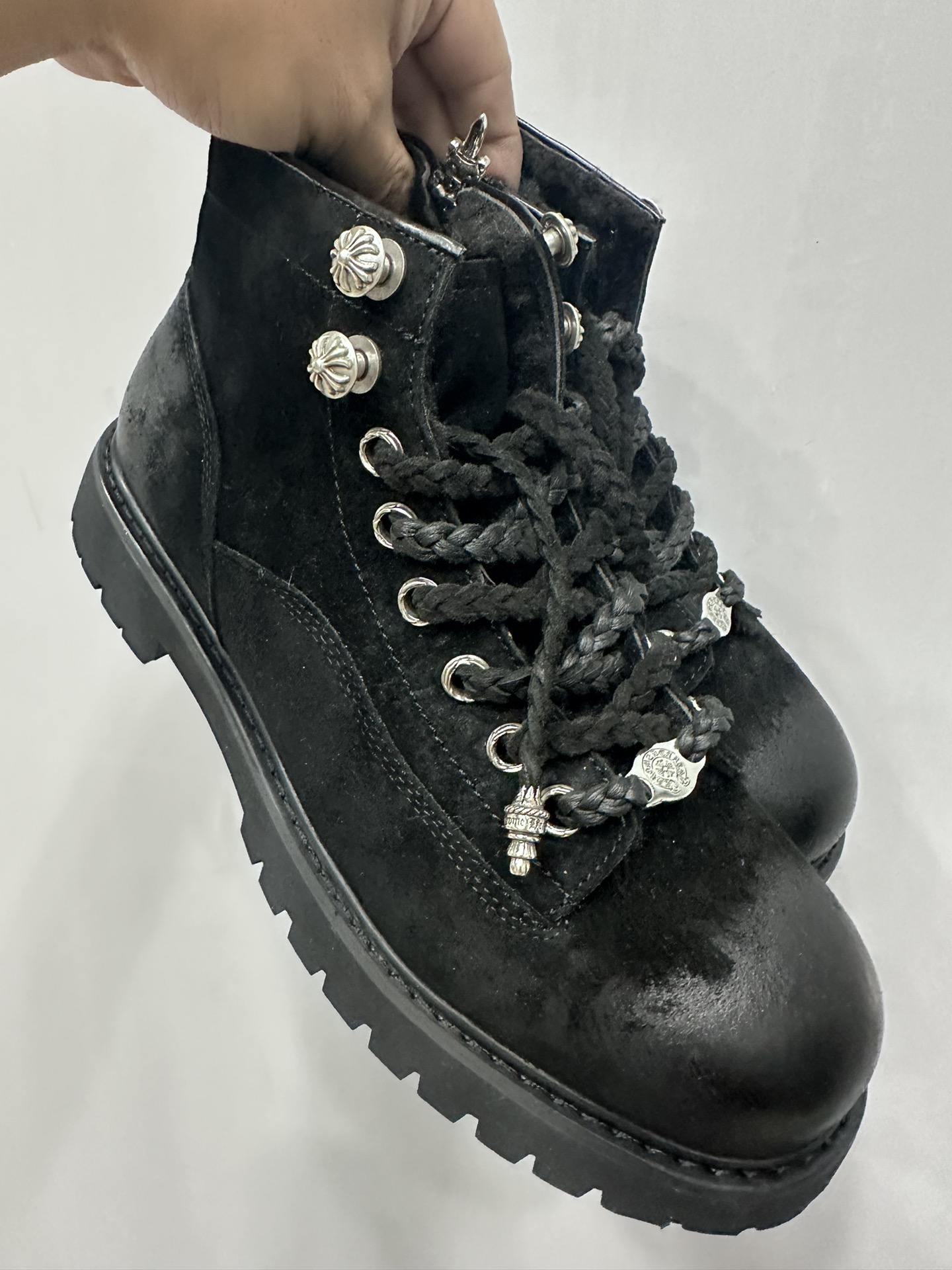 Chrome hearts black suede short-face engineer boots