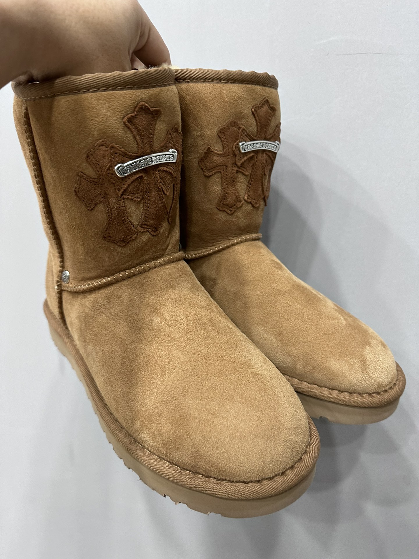 Chrome hearts x UGG khaki shearling and leather roll-top mid-calf snow boots