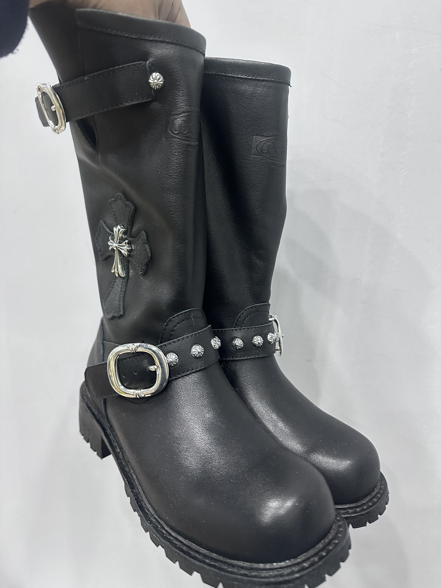 Chrome hearts x Wesco black nappa leather patchwork high-top engineer boots