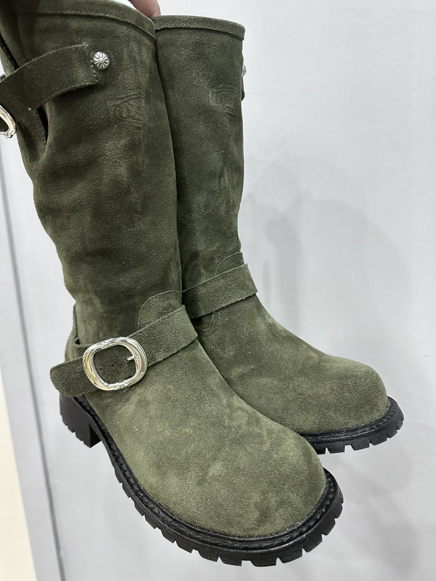 Chrome hearts x wesco military green suede high-top engineer boots