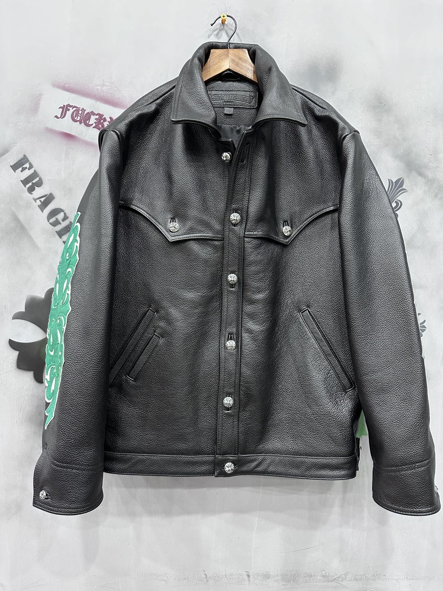 Chrome hearts classic green vine flame pattern natural distressed cowhide jacket