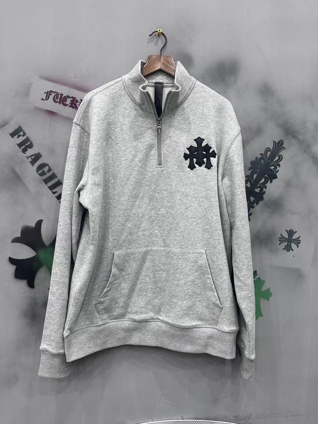 Chrome hearts half-zip pullover cotton sweatshirt with leather patch