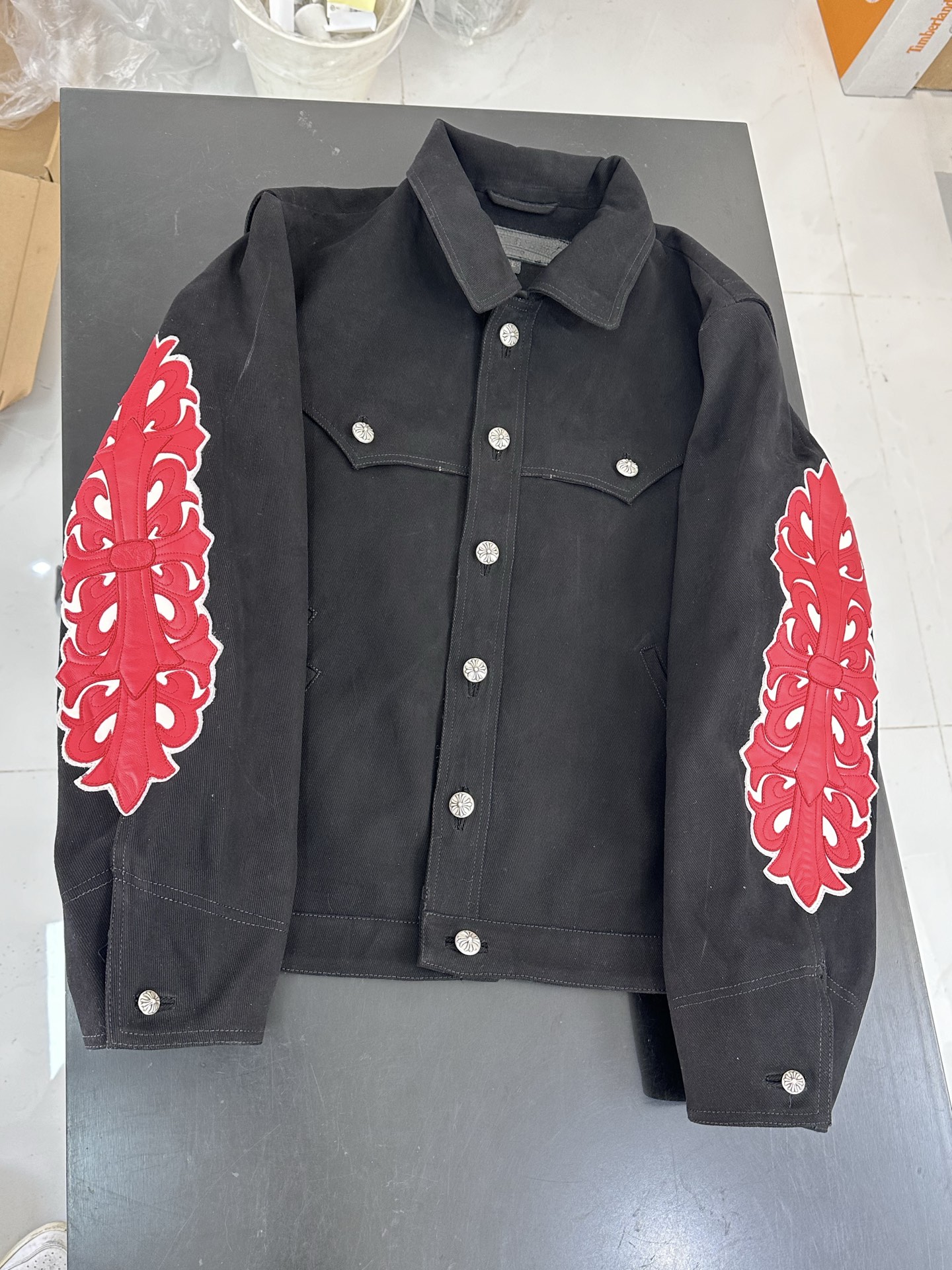 Chrome hearts black twill double-arm vine flame denim jacket