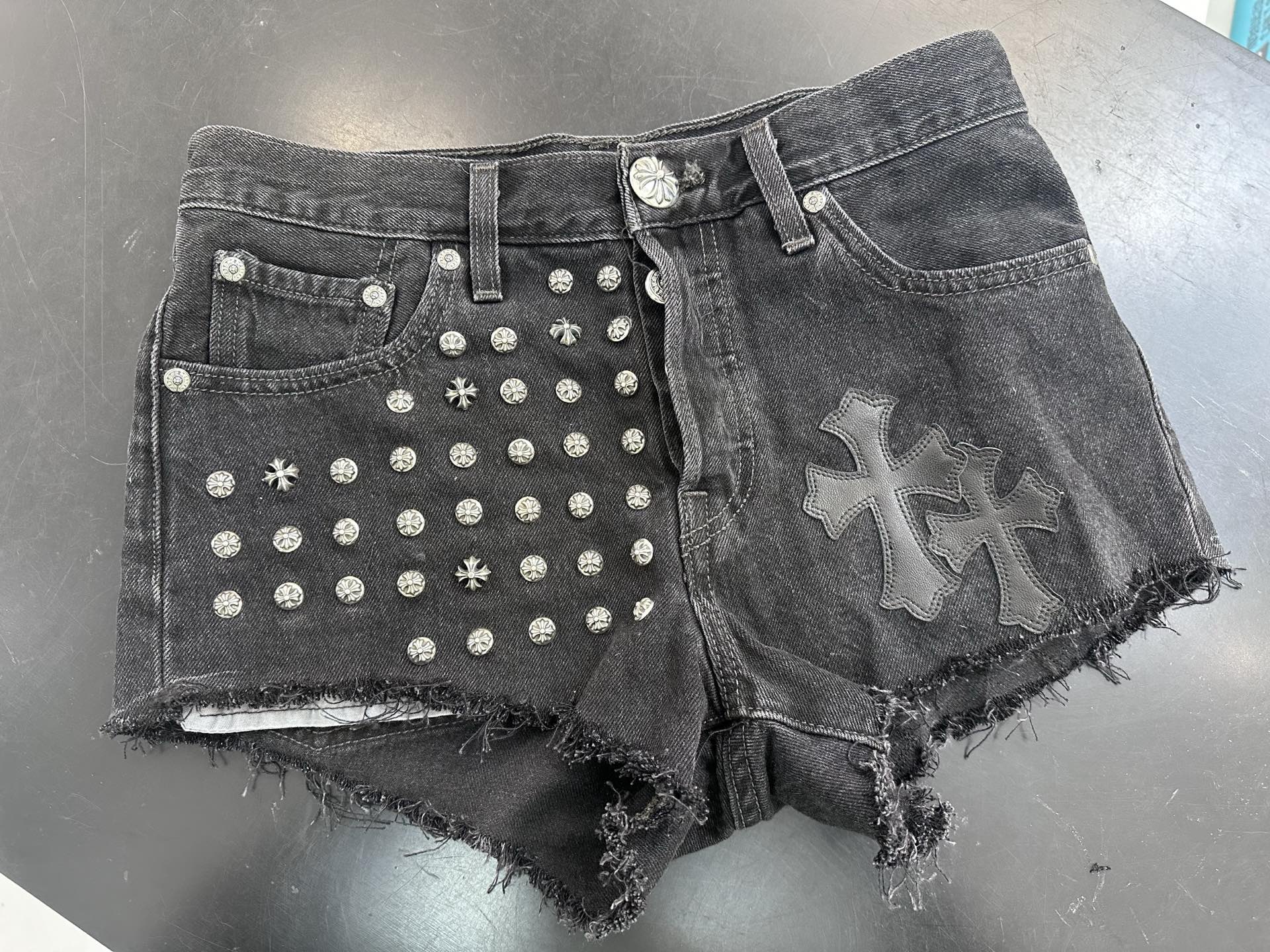 Chrome hearts black-gray 501 vintage women's ultra-short patchwork leather hot pants