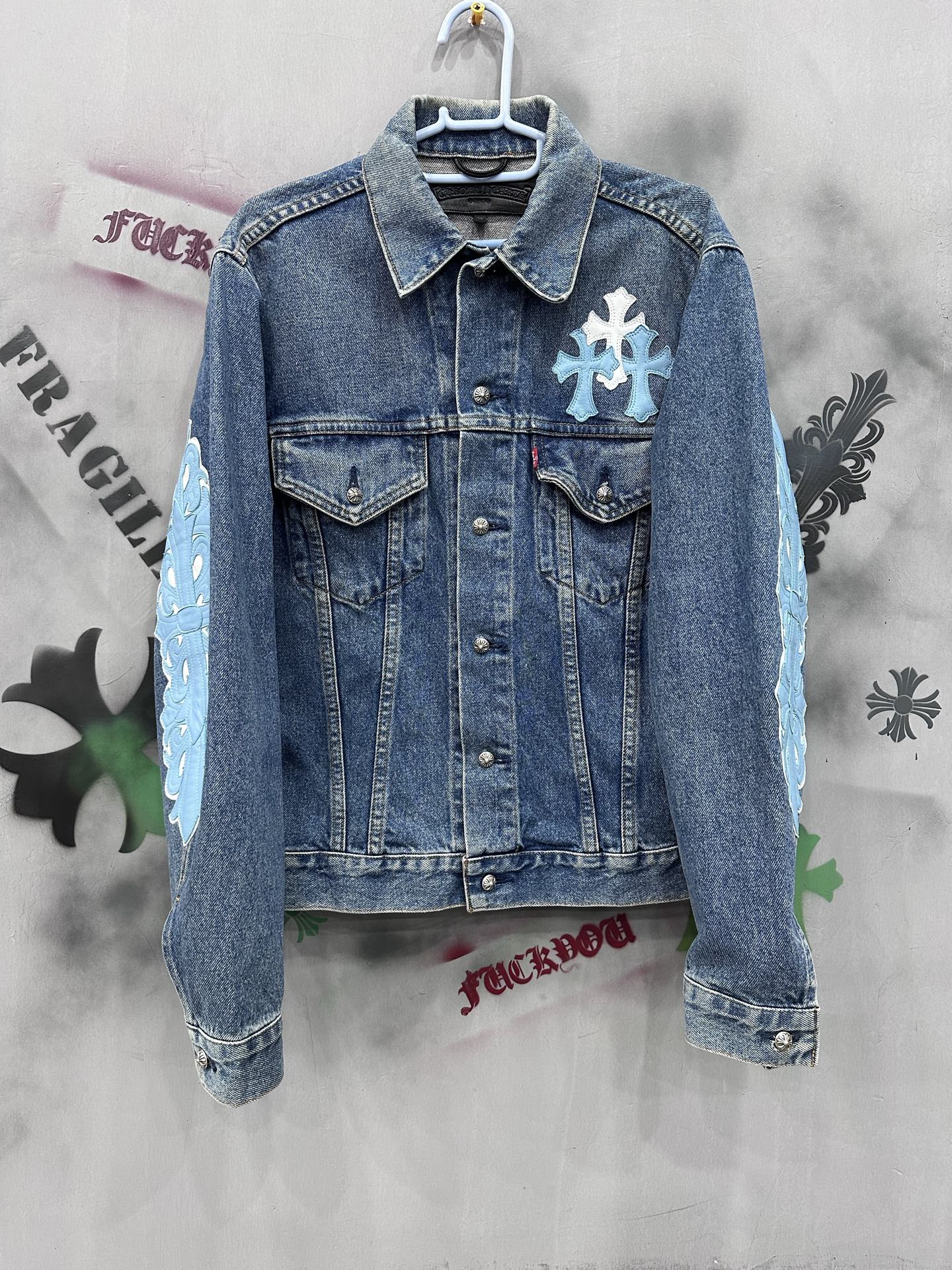 Chrome hearts x Levi's Type III Big E vintage denim jacket with vine floral patchwork on both sleeves