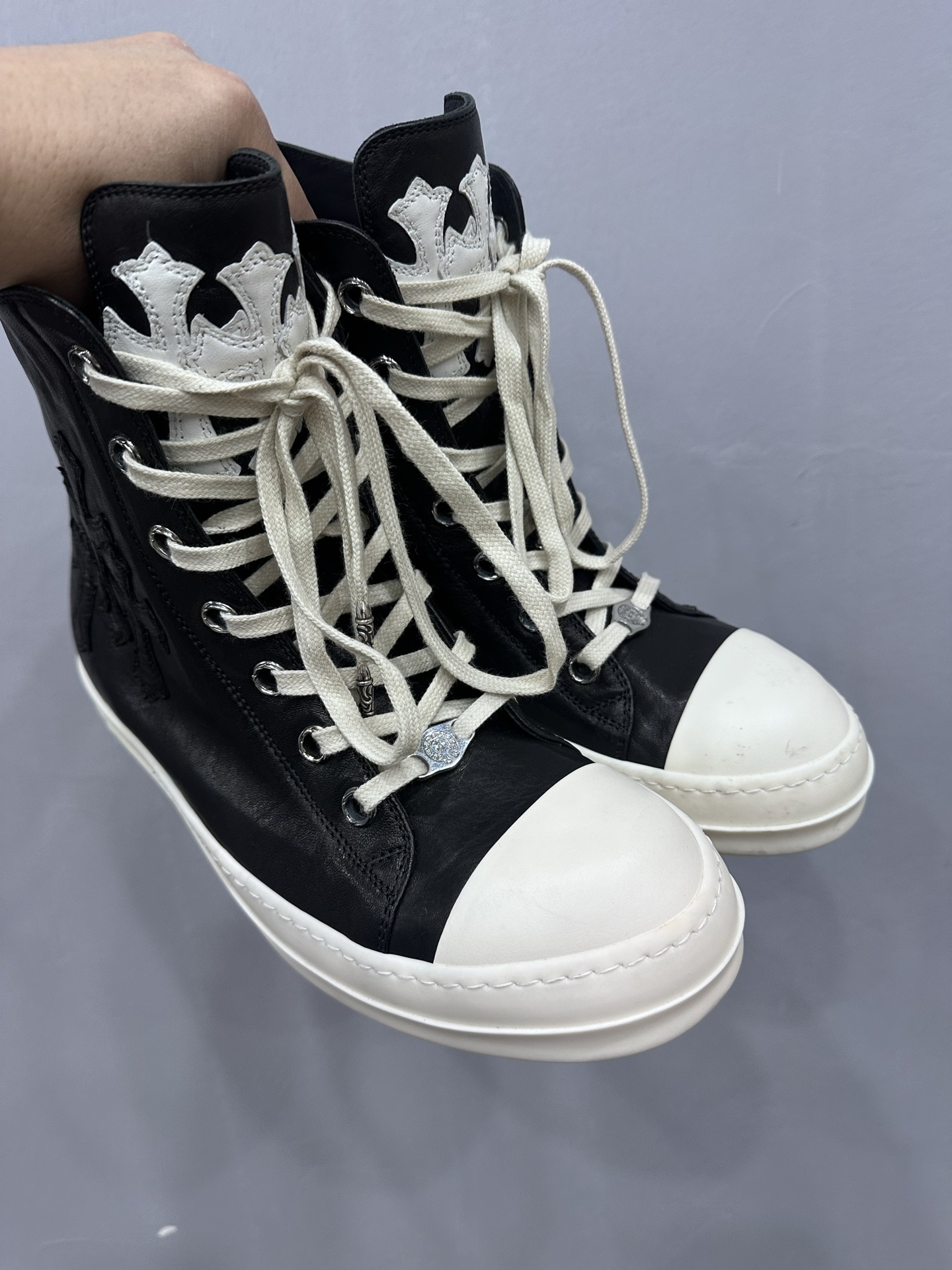 Chrome hearts x Rick Owens leather Converse high-top shoes with dual-sided cross patchwork