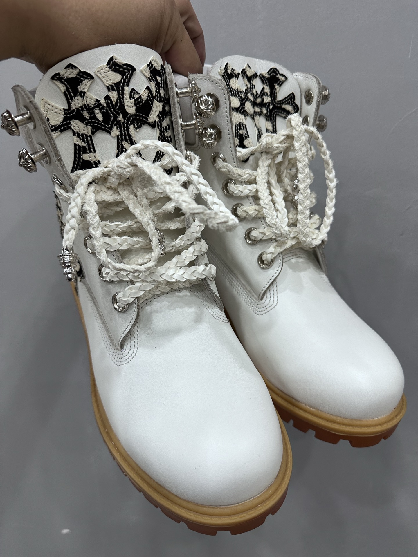 Chrome hearts x Timberland Korea limited edition pure white with spotted pony hair hiking boots. (Custom edition, sole without Timberland logo)