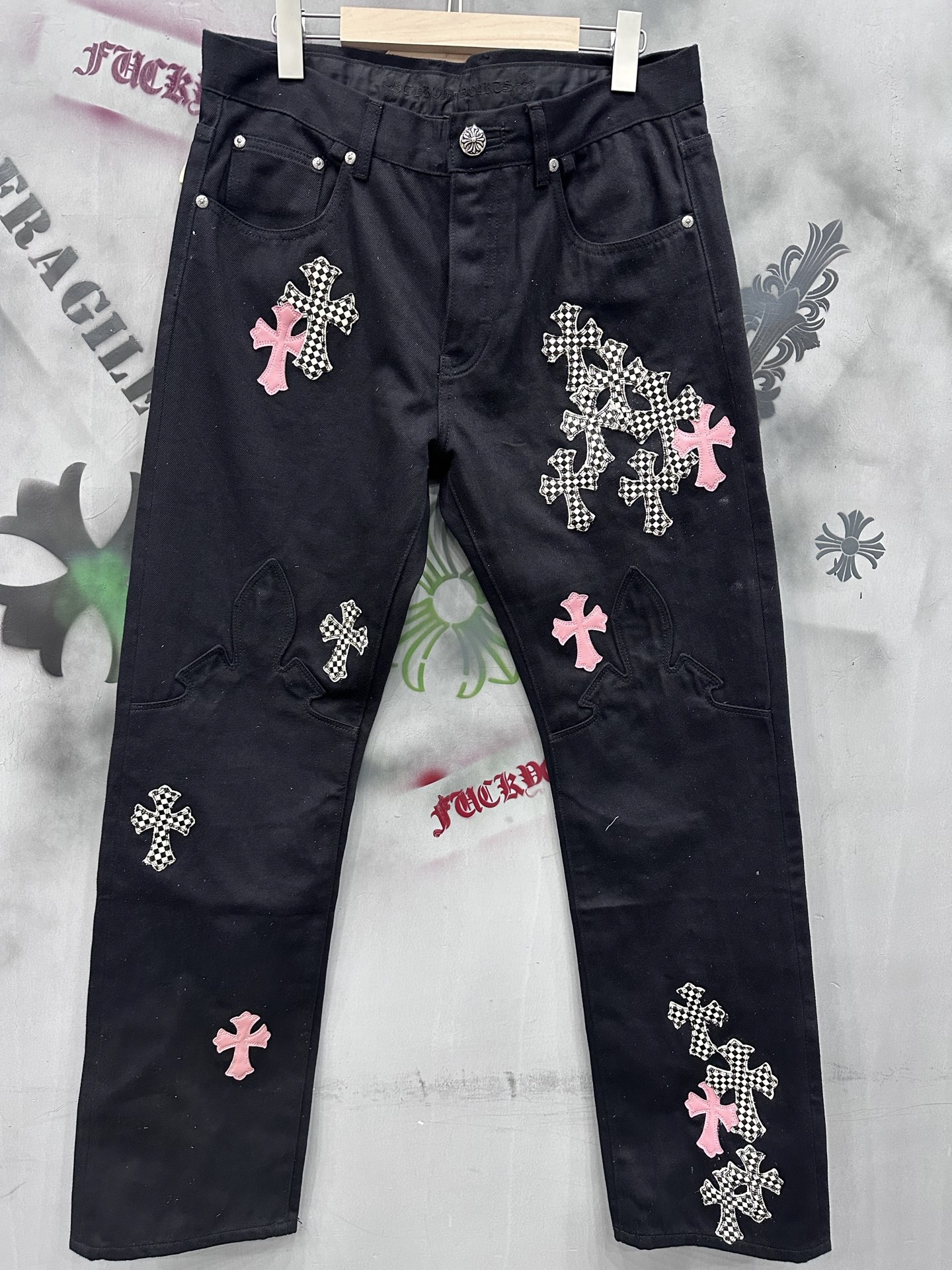 Chrome hearts black flame patch mid-rise straight leg jeans