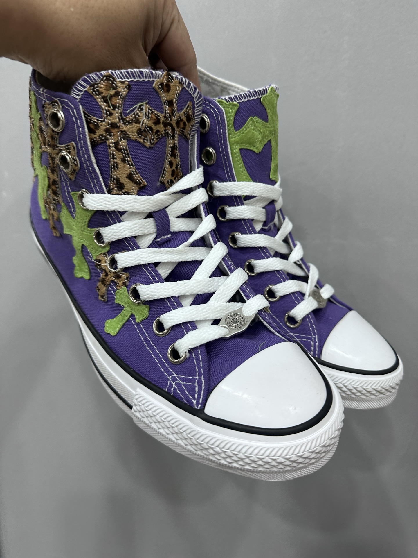 Chrome hearts x Converse All-star Purple Limited Edition Leopard Print with Green Suede High-Top Canvas Shoes