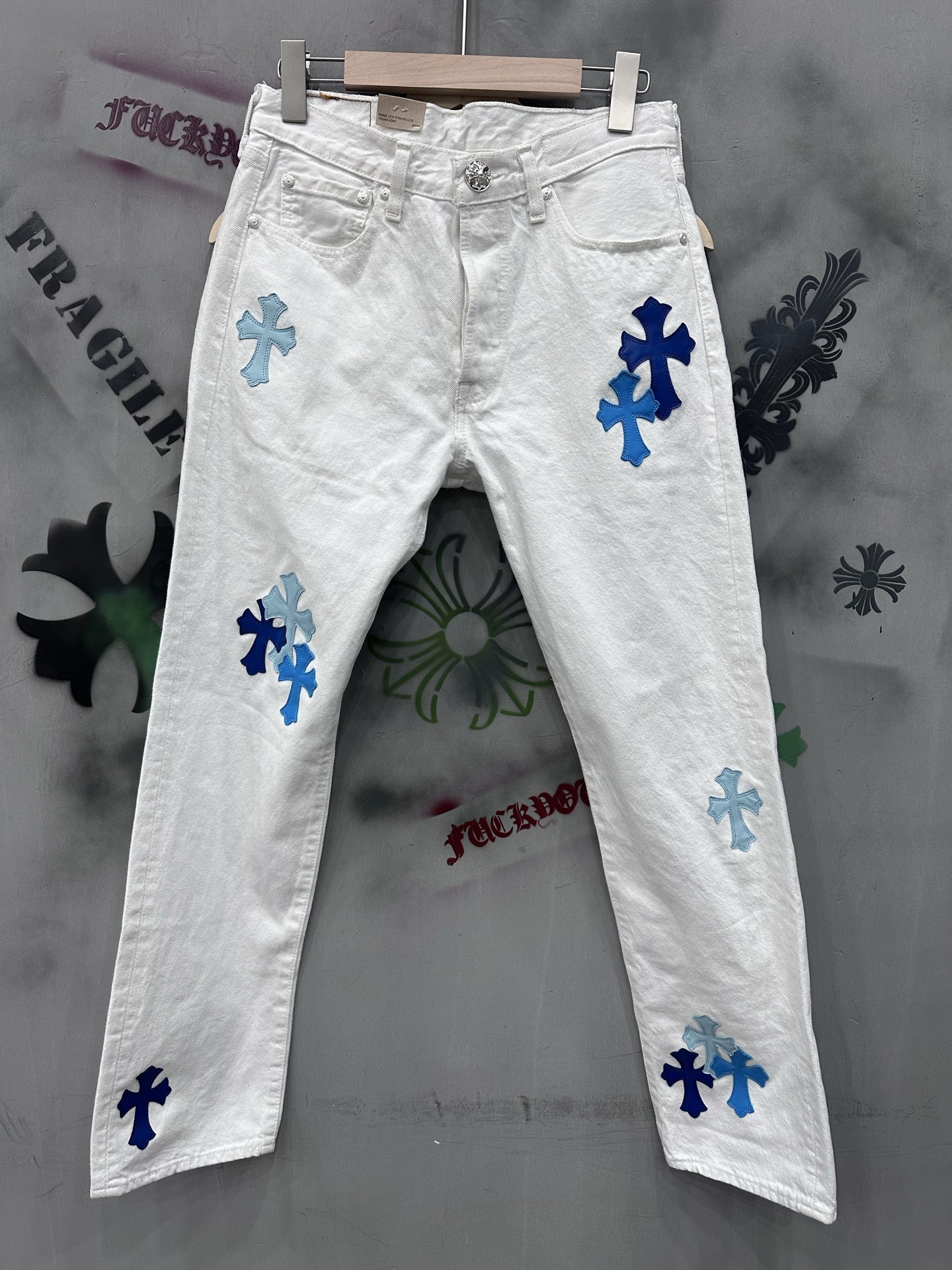 Chrome hearts x Levi's white 501 patchwork blue leather jeans