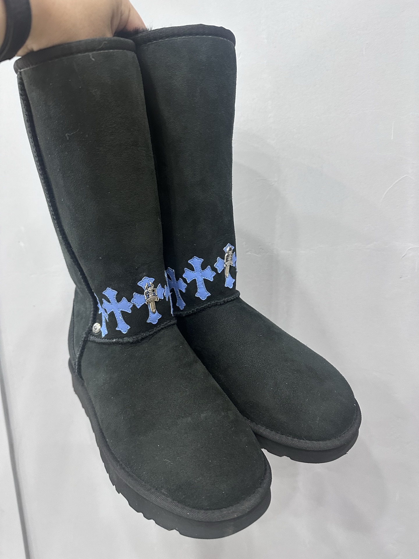 Chrome hearts x UGG high-top blue leather dagger snow boots