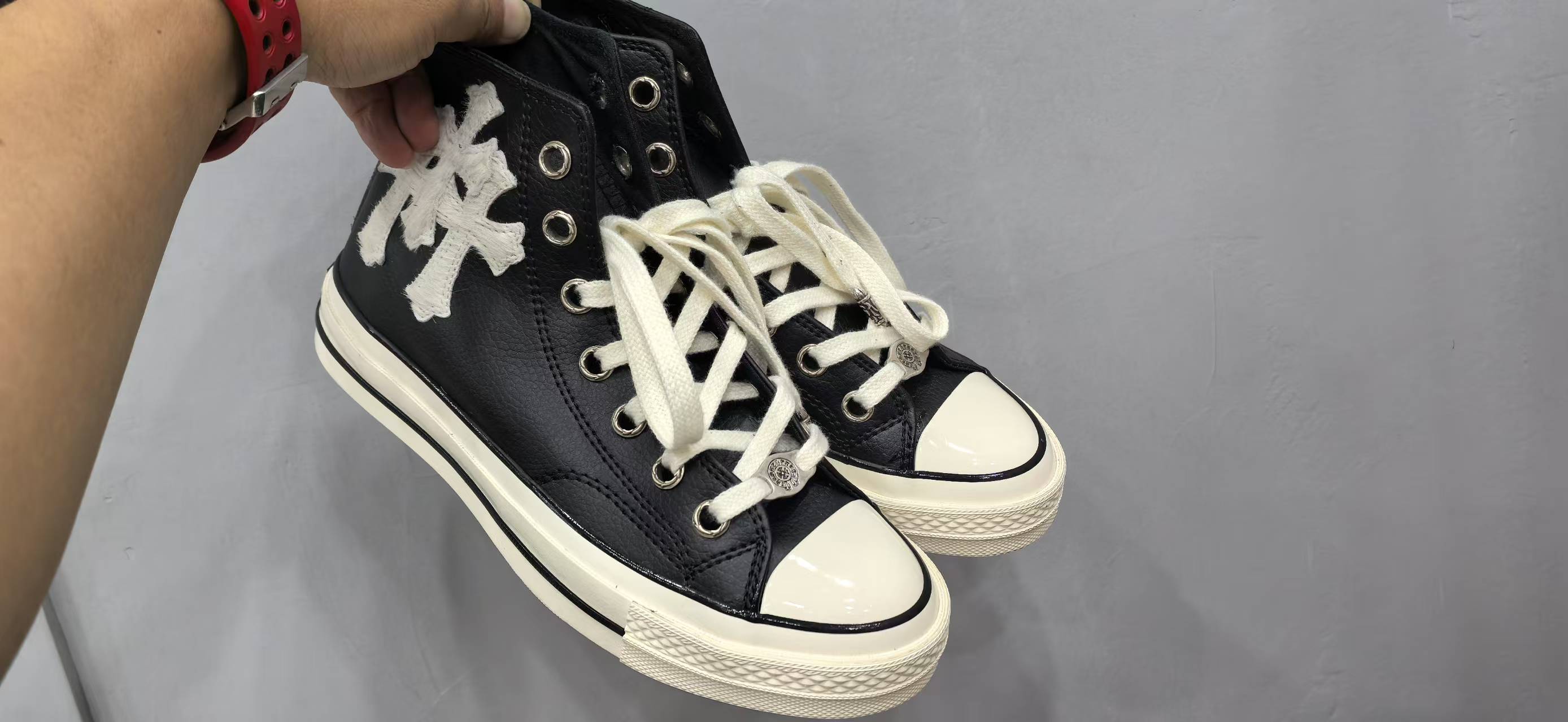 Chrome hearts x Converse 1970S black leather with white pony hair high-top sneakers