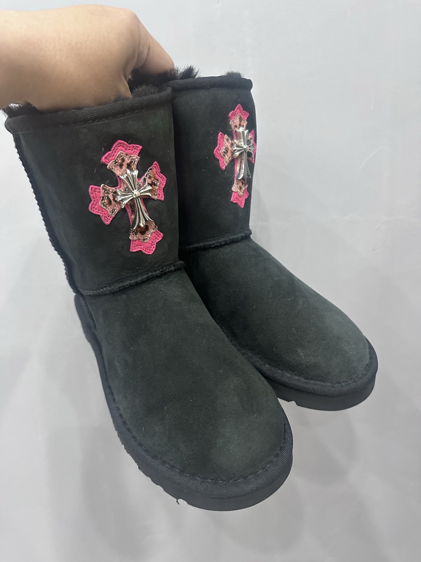 Chrome hearts x UGG Classic black mid-calf snow boots with pink leopard print pony hair
