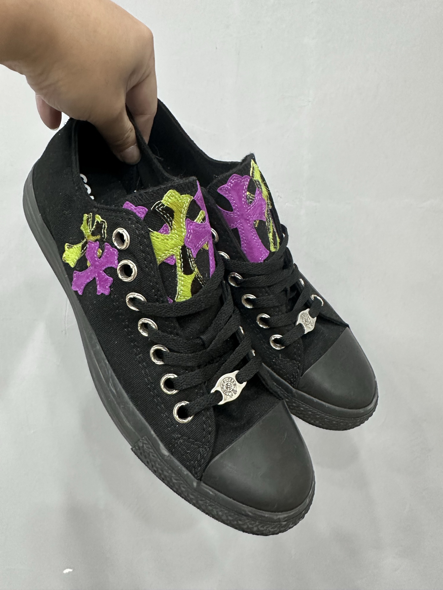Chrome hearts x Converse All-star low-top canvas sneakers with green leopard print and purple-black warrior style