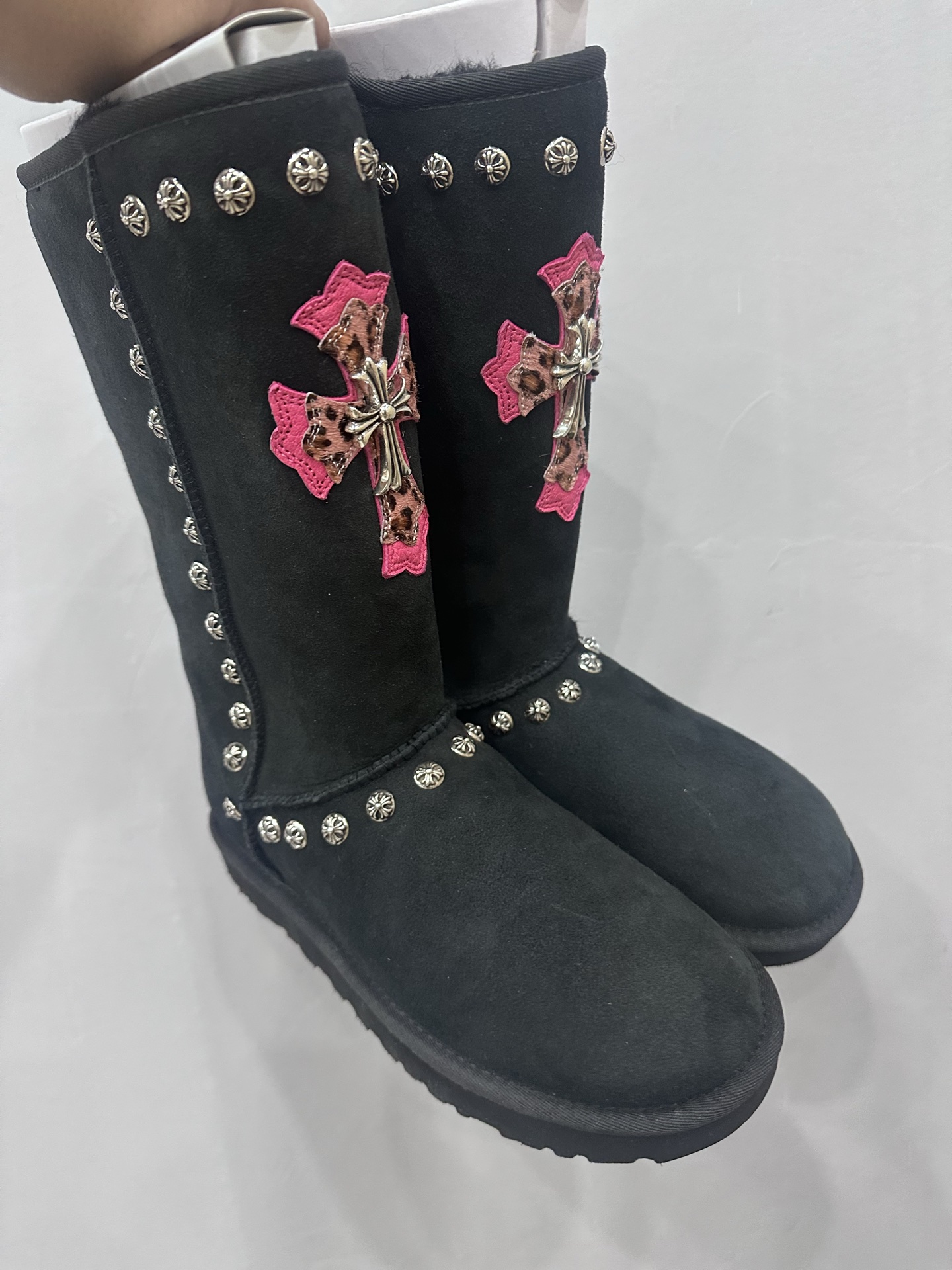 Chrome hearts x UGG Classic Black High-Top Snow Boots with Pink Leopard Pony Hair and Heavy Rivets