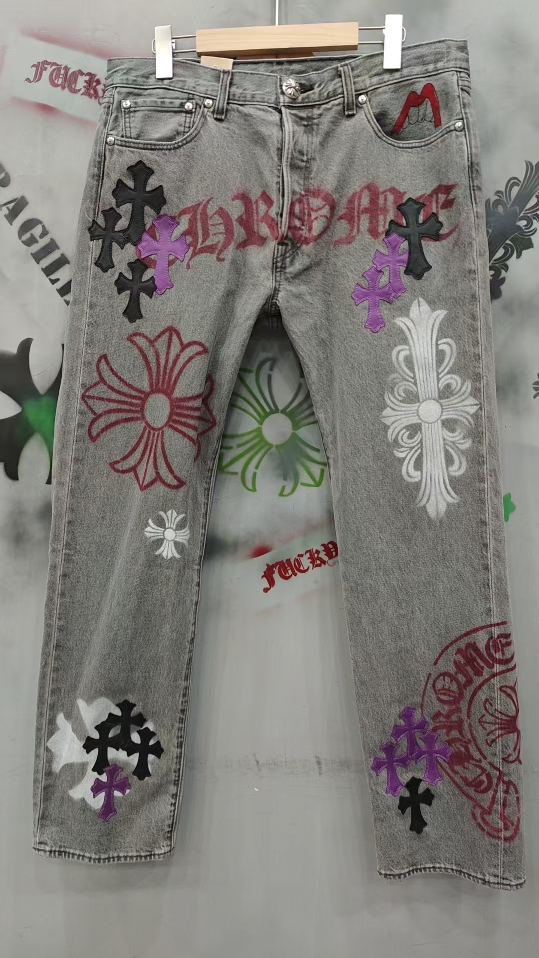 Chrome hearts x Levi's 501 medium gray spray-painted + hand-painted patchwork denim jeans