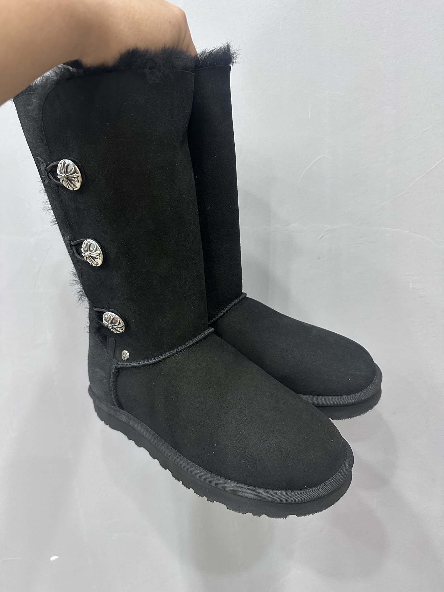 Chrome hearts x UGG shearling black high-top side buckle snow boots