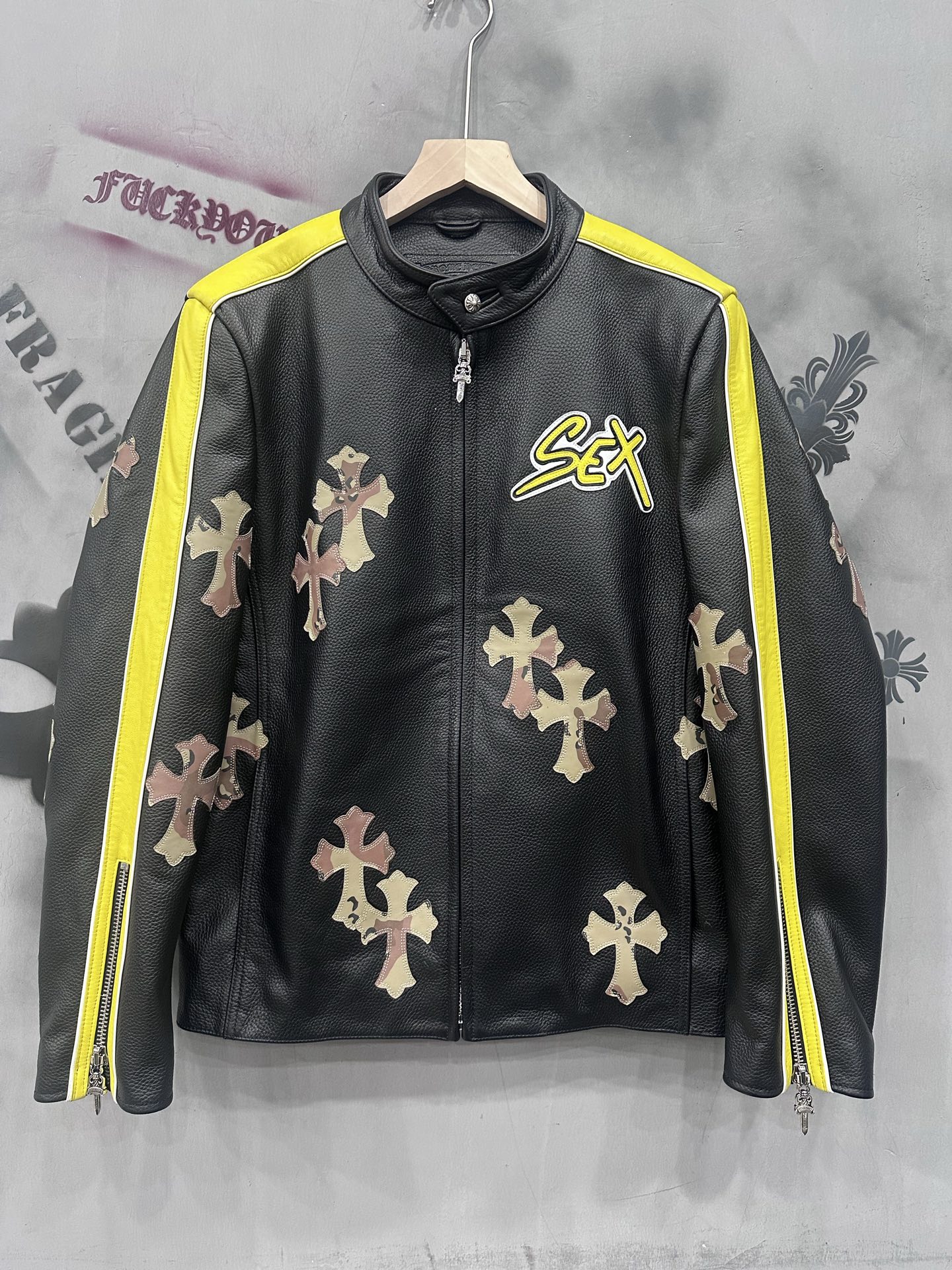Chrome hearts Sex record limited edition black natural pebbled leather zip-up motorcycle jacket