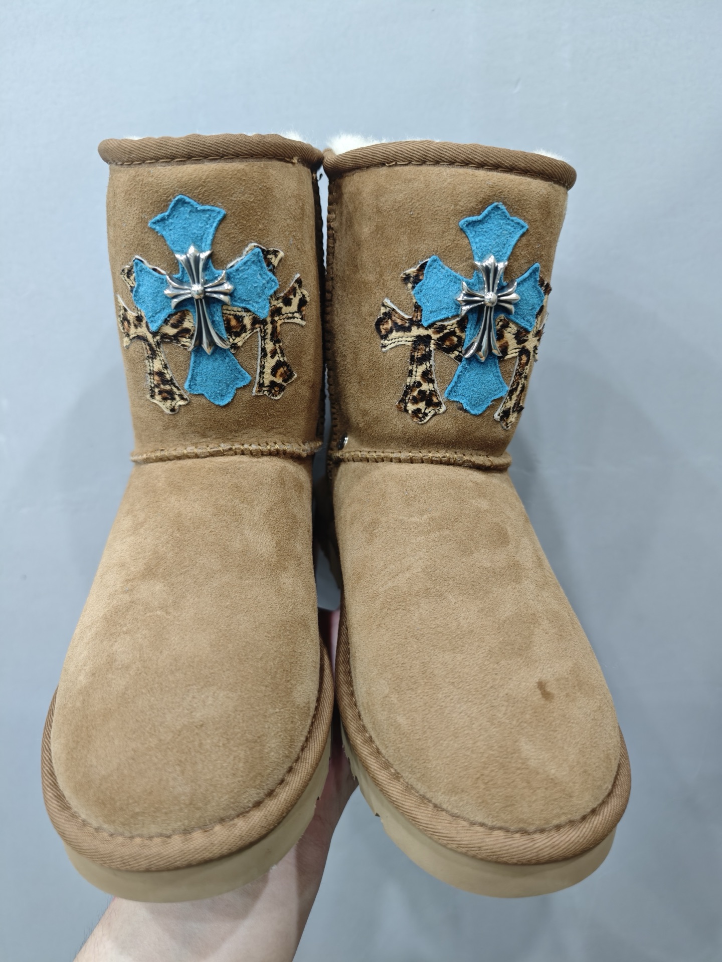 Chrome hearts x UGG Classic shot khaki mid-top spliced leather and fur snow boots